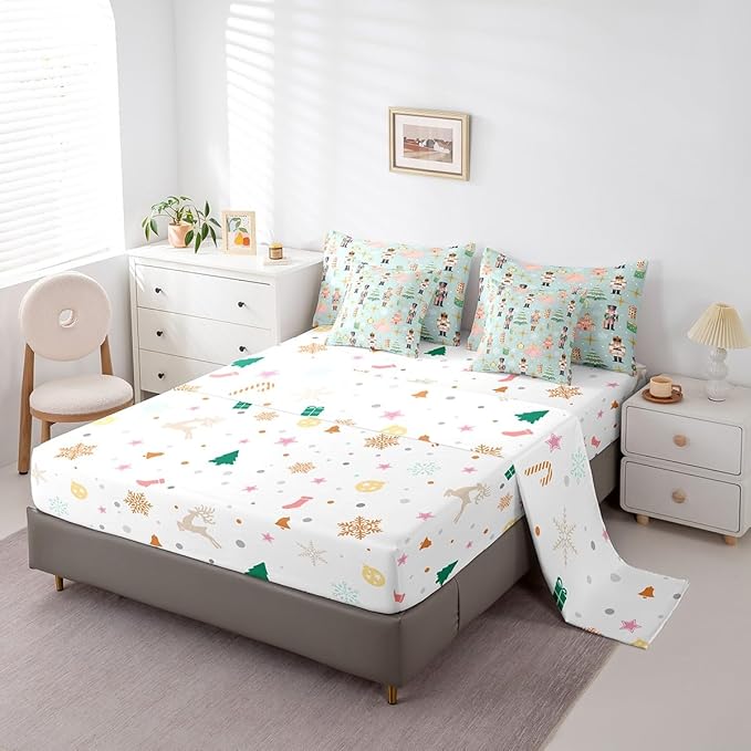 Erosebridal 7Pcs Green Christmas Comforter Set Full,Xmas Tree Nutcracker Bedding Set,Pink Princess Bed in A Bag for Girls Women,Winter Xmas Holiday Christmas Ornaments Quilt with Flat Fitted Sheet
