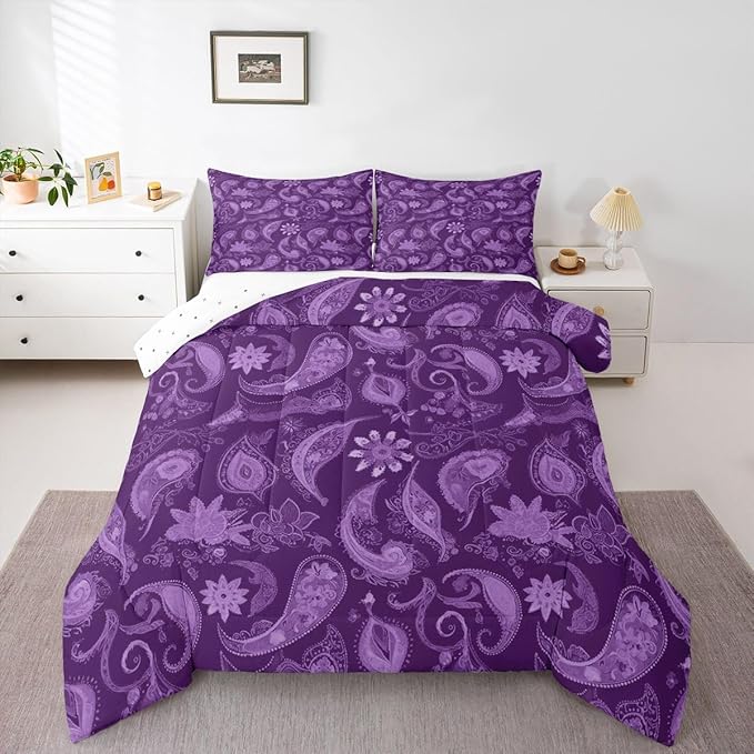 Feelyou Vintage Purple Floral Bedding Set Full Size, Paisley Floral Comforter Set Boho Floral Comforter for Kids Toddler Paisley Duvet Set Microfiber Bed Set