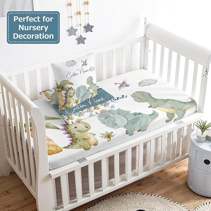 Personalized Baby Crib Bedding Set,3 Piece Custom Name Nursery Set with Blanket, Fitted Sheet & Pillowcase for Baby Girls & Boys, Dinosaur Forest Theme(Fixed Size)