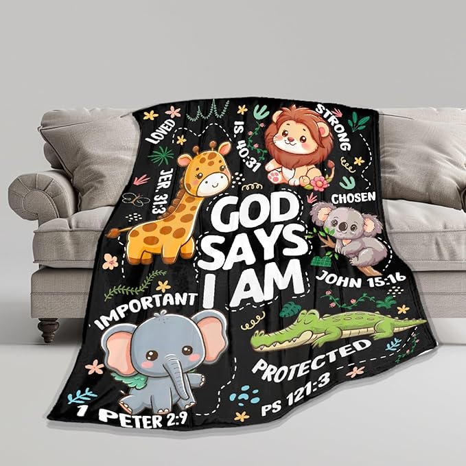 Bible Verse Blanket, Christian Gifts, God Says I am Blankets,Giraffe Lion Koala Elephant Print Animal Blankets, Cute Religious Baptism Gift for Son,Animals Lover Room Bed Decoration, 30"x40"