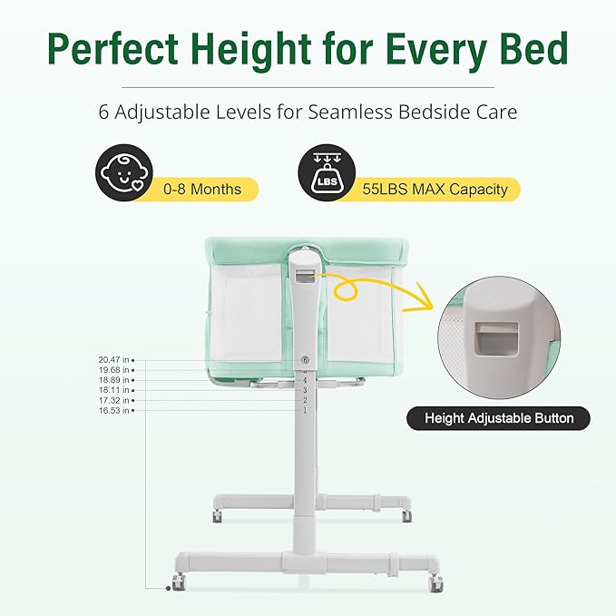 Baby Bassinet Bedside Sleeper 3-in-1, Easy Night Feeding with One-Side Fold & Rolling Wheels, Breathable Mesh, 6-Height Adjustable, Soft Mattress for Newborns