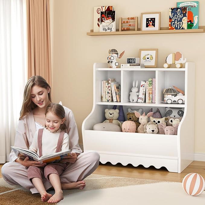 Kids Bookshelf, Toddler Toy Storage Organizer, Wooden 4 Cubby Children Book Shelf for Playroom, Bedroom, Nursery, Classroom