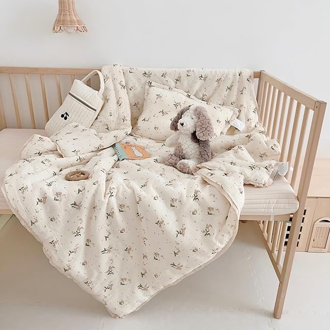 BuLuTu Shabby Chic Floral Toddler Comforter Quilt Cotton Muslin Kids Blankets Sweet Laurel Design Beige Toddler/Twin Bed Blanket for Unisex Baby Toddler Boys Girls, 60"x78"