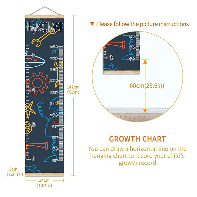 Kids Growth Chart Ruler for Wall Wood Frame Height Measure Chart 13.4x56 in Linen Hanging Height Growth Chart Robot Space Rocket Spaceship Kids Room Decor