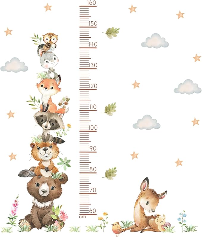 Cartoon Animal Height Growth Chart Wall Sticker for Kids Room Jungle Wild Animals Height Chart Measurement Wall Decals Removable White Clouds Star Garden Plants Grass Wall Murals for Kids Nursey Decor