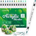 Green Tones Acrylic Paint Pens, 12 Colors Markers Set with Soft Brush & Bullet Tip, for Rock, Painting, Wood, Glass, Ceramic, Canvas, Stone, DIY Crafts, Making Art Supplies, Fabric Paint