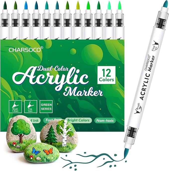 Green Tones Acrylic Paint Pens, 12 Colors Markers Set with Soft Brush & Bullet Tip, for Rock, Painting, Wood, Glass, Ceramic, Canvas, Stone, DIY Crafts, Making Art Supplies, Fabric Paint