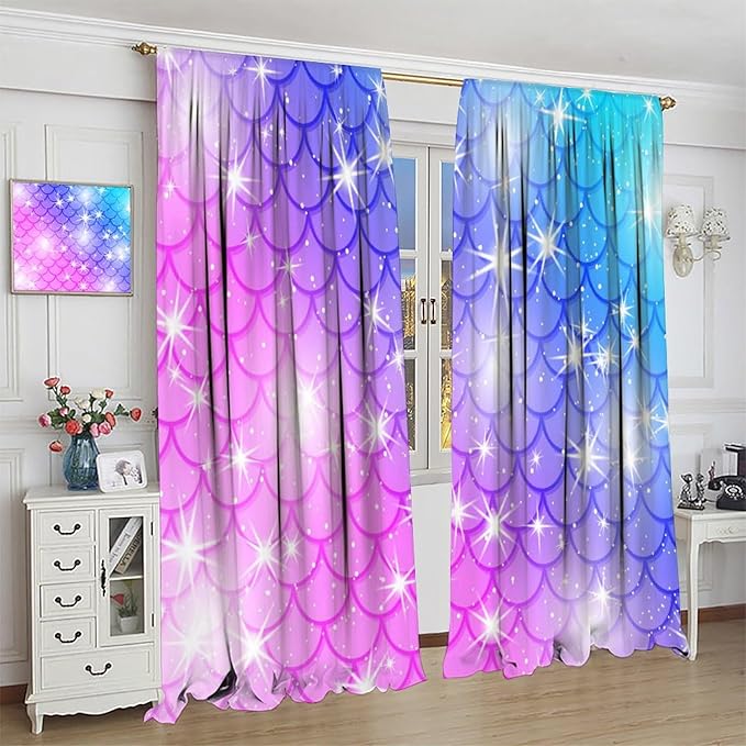 Mermaid Blackout Curtains, Kids Cartoon Blue and Pink Ocean Mermaid Scale Pattern Decoration for Girls Bedroom Nursery Curtains 63x63 Inch