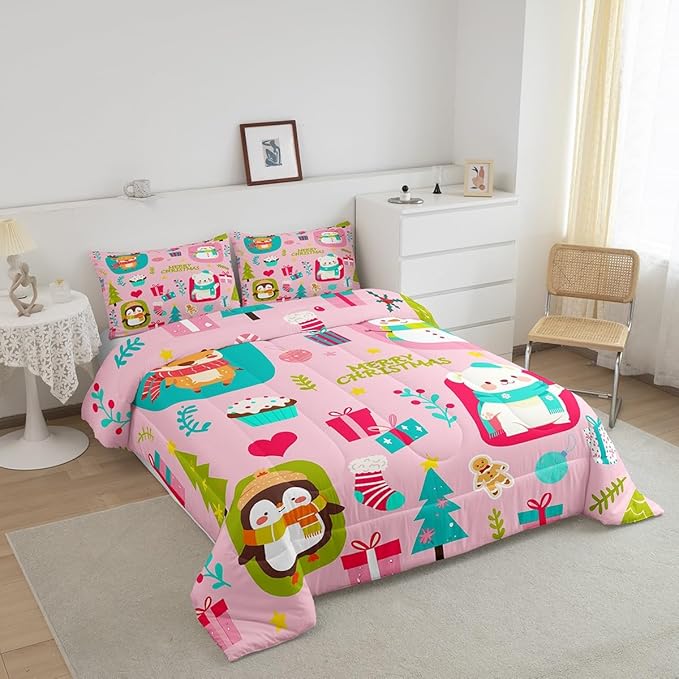 Erosebridal Christmas Cartoon Bedding Set for Kids Cute Snowman Bear Comforter Set Twin Size Xmas Tree Deer Elk Reversible Quilts Kawaii Penguin Animal Duvet Insert Room Decor