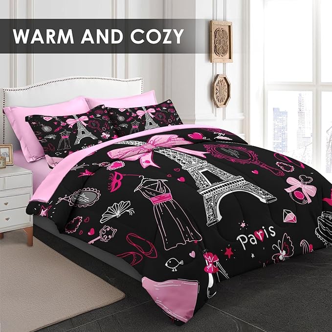7 Pcs Full Size Comforter Set with 2 Pillowcases & 2 Shams, Paris Eiffel Tower Bedding for Kids and Adults, Cute Pink Makeup Fashion Dress Bed in a Bag with Flat Fitted Sheet