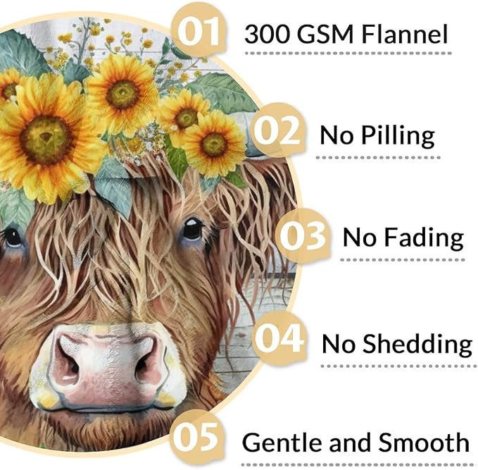 Highland Cow Blanket, Cute Cow Throw Blanket Gift for Women Girls Highland Cow Lovers, 50x40 Inches Soft Fuzzy Flannel Sunflower Blankets for Crib Couch Sofa Travel