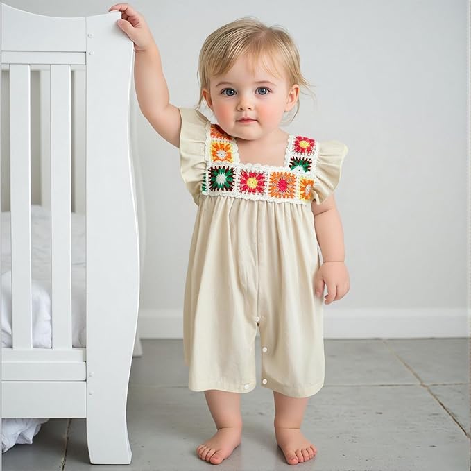 Baby Girl Romper Fall Clothes Ruffle Sleeveless Onesie Crochet Floral Bubble Romper Infant Bodysuit Boho Outfit