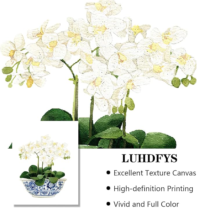 White Orchid & Magnolia Watercolor Flowers Botanical Plant Art Print Blue And White Chinoiserie Wall Art Oriental Vase Blue White Willow Style Porcelain Flower Jar Poster for Living Room Decor