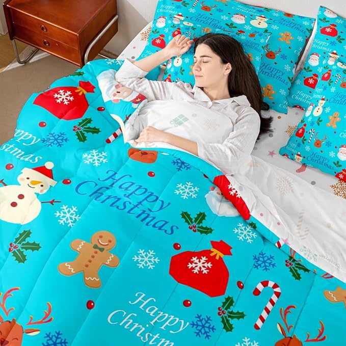 Christmas Deer Comforter Set With Sheets 7 Piece King Size Cute Gingerbread Man Bedding Set for Kids Boys Girls Christmas Santa Claus Bed in a Bag Reversible Xmas Decor Room Decor Soft Lightweight