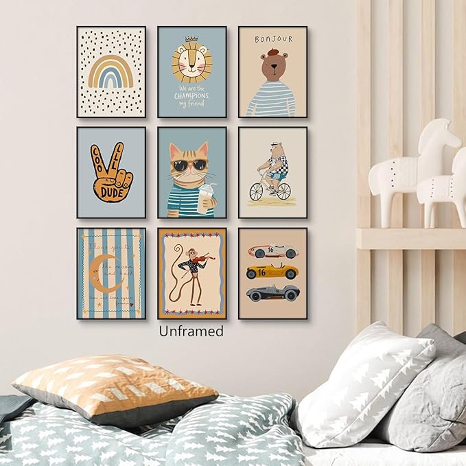 9 Pieces Nursery Canvas Wall Art, Cute Milkshake Cat Poster, Happy Bear and Violin Playing Monkey Kids Poster, Boys Playroom Cars Picture, Cozy Rainbow Dots and Smiling Moon Print 12x16in Unframed