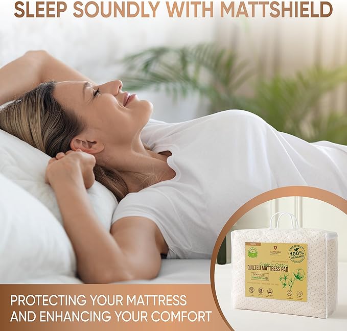 Luxury Quilted Organic Cotton Mattress Protector King - 380 GSM Waterproof & Breathable Pad - Deep Pocket Fitted Cover - Soft & Silent Protection