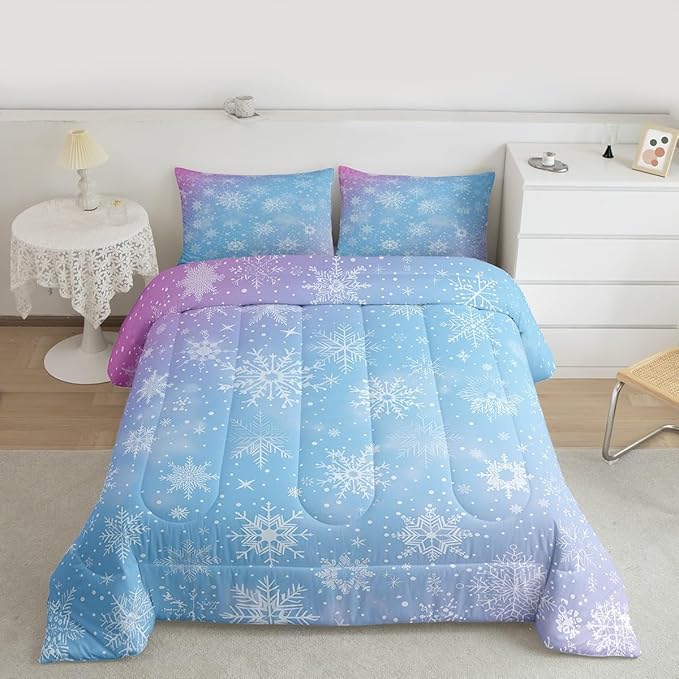 Feelyou Christmas Comforter Set All Season Winter Snowflake Bedding Set with 1 Pillow Cases Blue Purple Gradient Microfiber Kids Toddler Bedclothes Bedroom Decor Duvet Quilt Breathable Soft