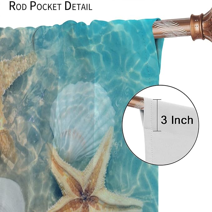 Beach Curtain for Bathroom Decor，Sea Turtle Starfish Seashell Nautical Ocean Coastal Scenery Art Printed Fabric Polyester Waterproof Set 2 Panels,63x63 Inches