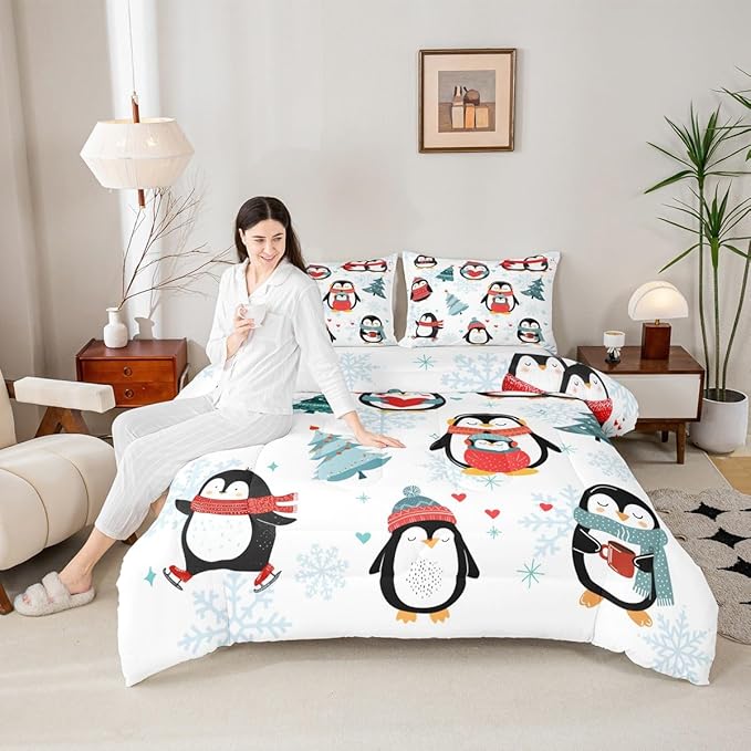 Castle Fairy Winter Snowflake Happy Xmas Theme Comforter Set with 2 Pillowcases,Christmas Tree Super Soft Microfiber Bedding Set for Adults Teens,Cartoon Penguin Duvet Set for Room Decor,King