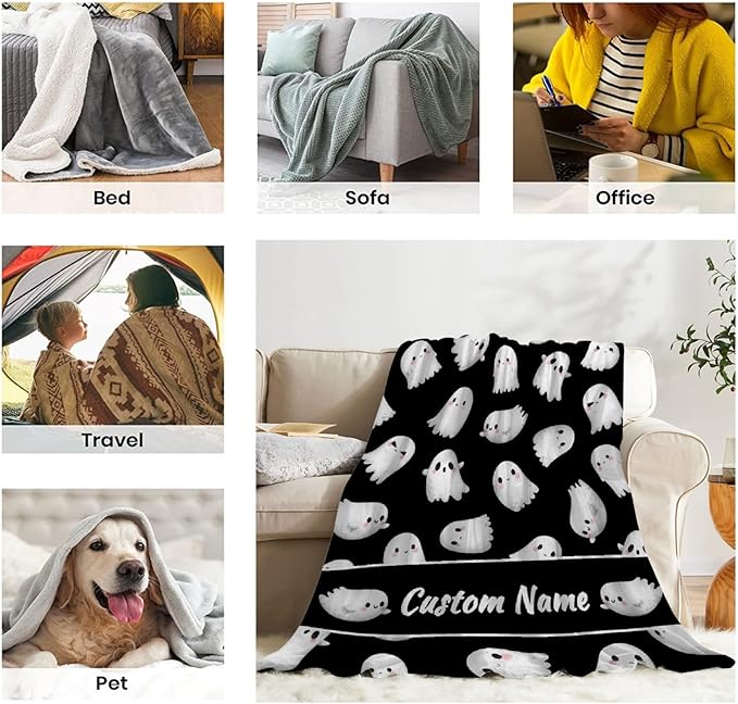 Custom Halloween Ghost Blanket | Personalized for Boys Girls | Plush Cozy Name Blanket | Halloween Decor Gifts | 90"x120"-Family's/King Size