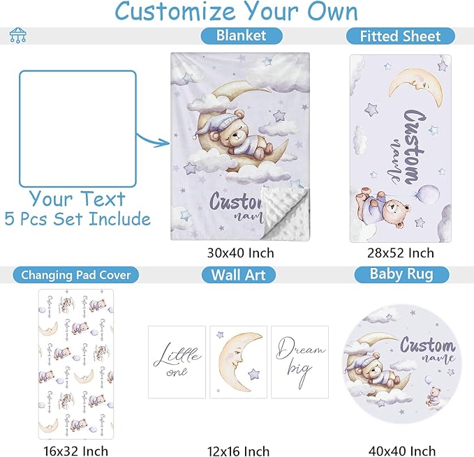 Personalized Crib Bedding Set, 5 Pcs Custom Name Crib Bed Set, Double Layer Nursery Bedding Sets Baby Girls Boys, Purple Bear Baby Crib Set for Infants Toddlers Kids Customized Gifts
