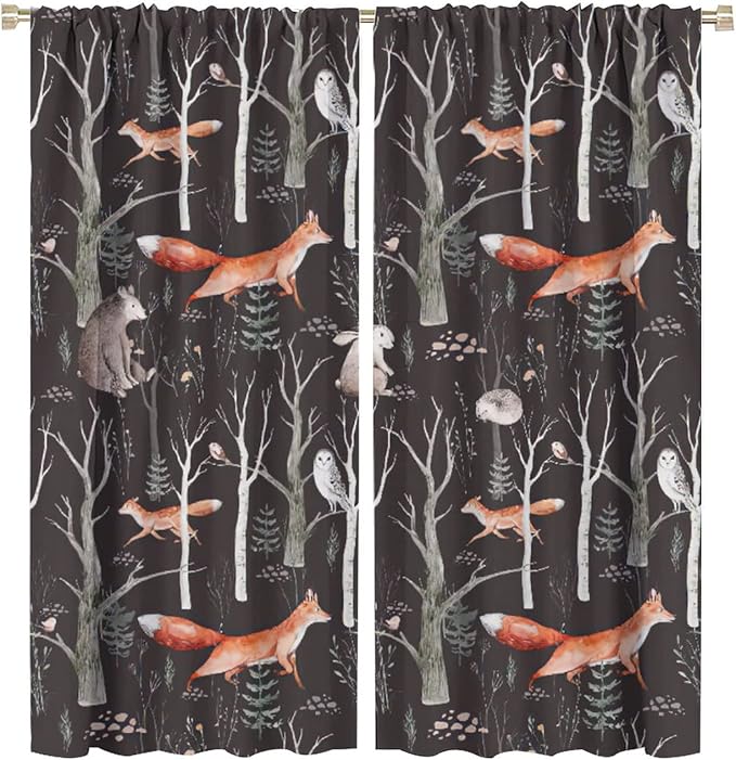 Rustic Forest Curtain, Woodland Country Hunting Animal Deer Fox Wildlife Bear Farmhouse Lodge Cabin Blackout Rod Pocket Windows Door Curtain for Bedroom Living Room Home Decor 63x72in