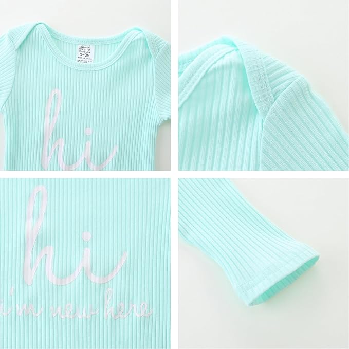 Baby Romper with Baby Mittens & Newborn Hats Footless Long Sleeve Solid Onesie Hi Im New Here