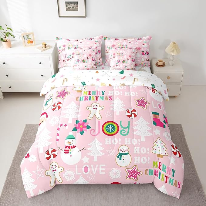 Christmas Kids Bedding Set Cartoon Snowman Gingerbread Man Comforter Set with Sheets for Boys Girls Christmas Tree Decor Bed in a Bag Pink Xmas Theme Bed Set 7Pcs King Size