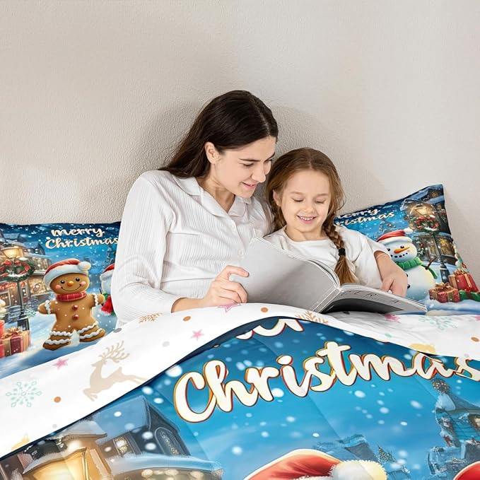 Gingerbread Man Kid Comforter Set Queen Size,Cute Snowman Merry Christmas Bedding Set,Girl Boy Room Decor,Snowflake Xmas Poinsettia Quilt Comforter,Blue Brown Duvet Set Bedroom Quilt Set,2 Pillowcases
