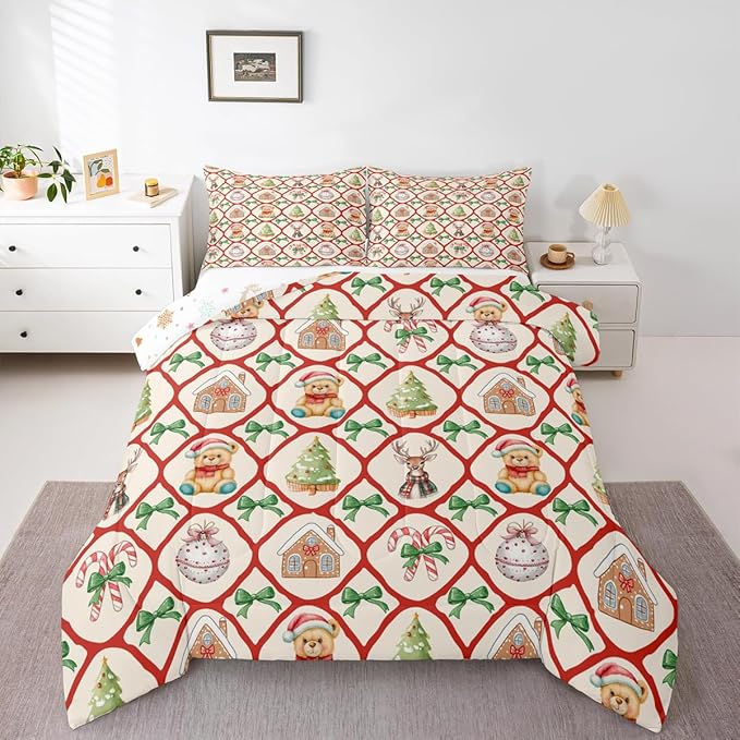 Manfei Merry Christmas Girls Bedding Set Twin Size,Kawaii Bowknot Cartoon Xmas Bear Comforter Set,Pine Tree Geometric Lattice Quilt Comforter Teens,Beige Red Green Room Decor All Season,1 Pillowcase