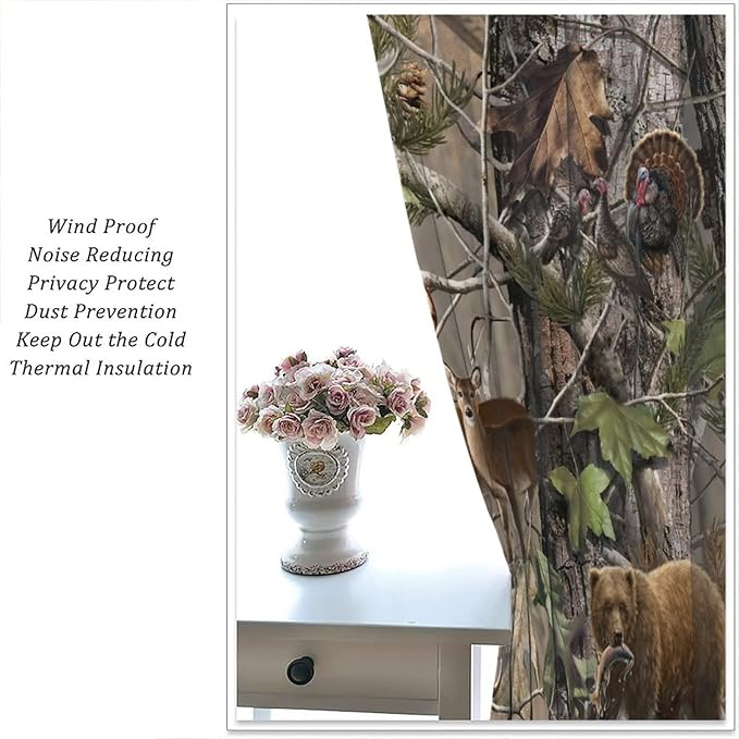 Retro Forest Window Curtains, Camouflage Hunting Tree Camo Rustic Deer Elk Bird Bear Blackout Rod Pocket Windows Door Curtain for Bedroom Living Room Home Decor 63x63in