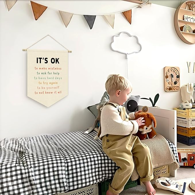 Affirmations Wall Hanging Art for Kids, It's OK Not to Be OK Positive Canvas, Nursery Decor, Classroom Decor Canvas Banner,Kids Affirmations Nursery Wall Art Canvas Hanging Pennant Flag Banner