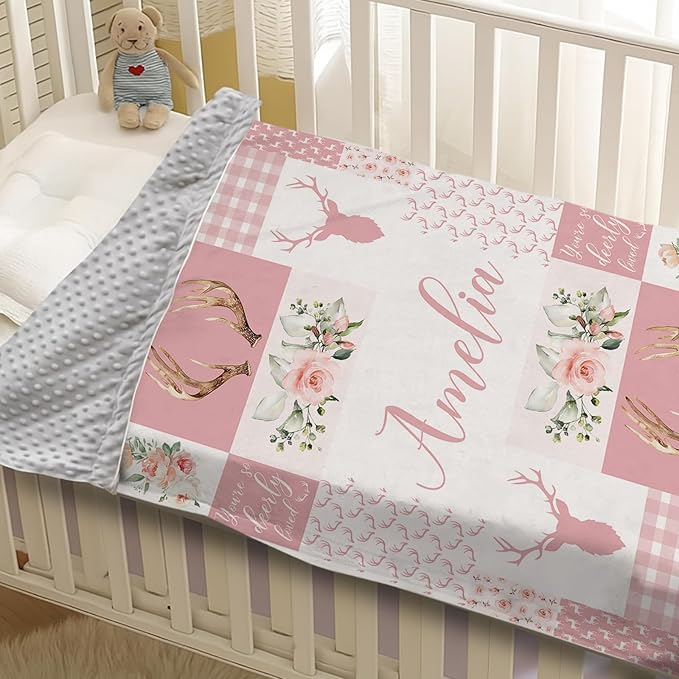 Personalized Baby Blanket with Name, Custom Pink Woodland Deer Blanket for Kids, Soft Flannel Bed Throw Blanket Swaddle for Newborn, Customizable Baby Gift & Nursery Blanket(60" x80)