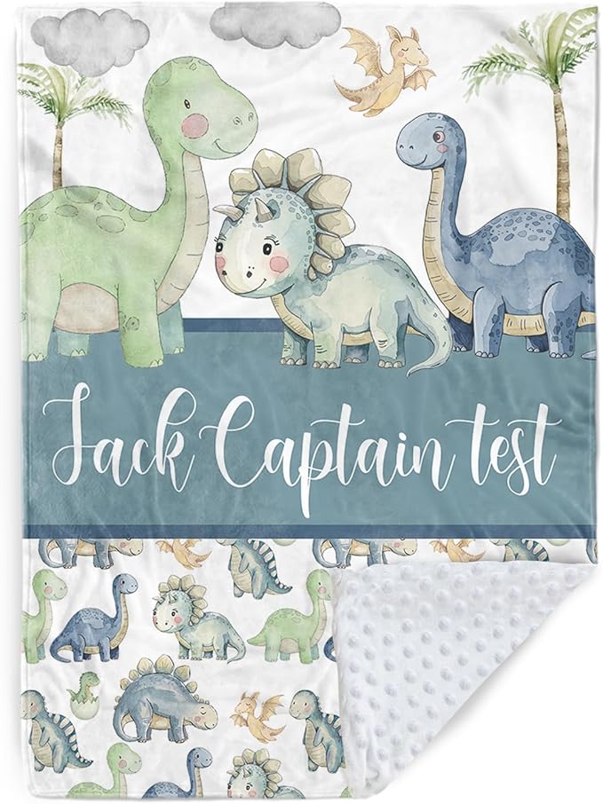Personalized Baby Name Blanket for Boy Girl, Soft Flannel Blanket with Double Layer Dotted Backing for Newborn, Nursery Crib with Green Dinosaur Design, Baby Blanket Customized Gifts(47" x60)