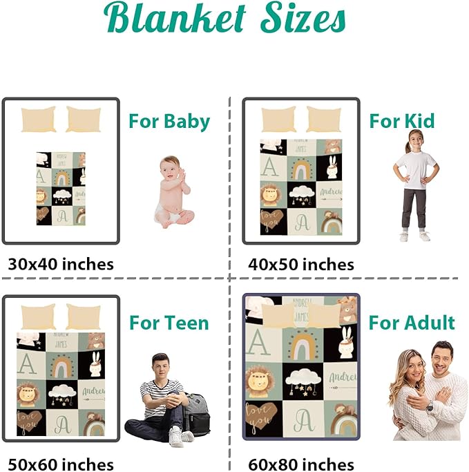 Custom Safari Animals Blanket Gift, Personalized Baby Blanket with Name, Soft Plush Flannel/Sherpa Fleece Throw Blankets for Toddler Kid Teen Boys Girls Color09