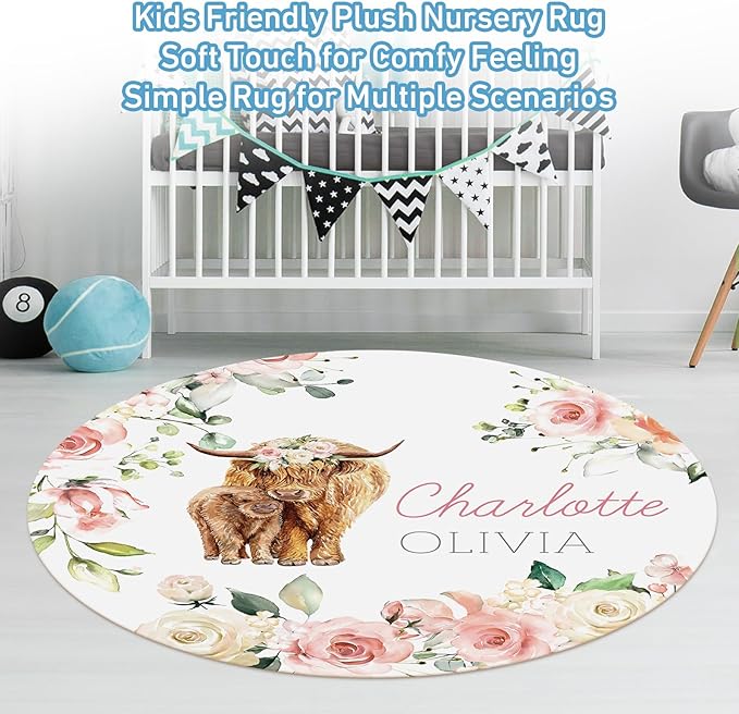 Personalized Baby Bedding Set: 5 Piece Custom Gift Rose Highland Cow Crib Bed Set with Name, Nursery Bedding Set for Baby Girls and Boys, Floral Crib Bedding Gifts (Fixed Size)