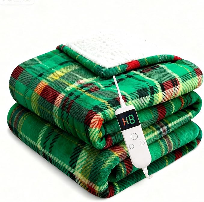 Electric Blanket Heated Twin, Soft Flannel 62"x84" Plaid Heating Blanket with 8 Hours Auto Off 10 Fast Heating Levels Machine Washable Sherpa Heated Blanket with Overheating Protection