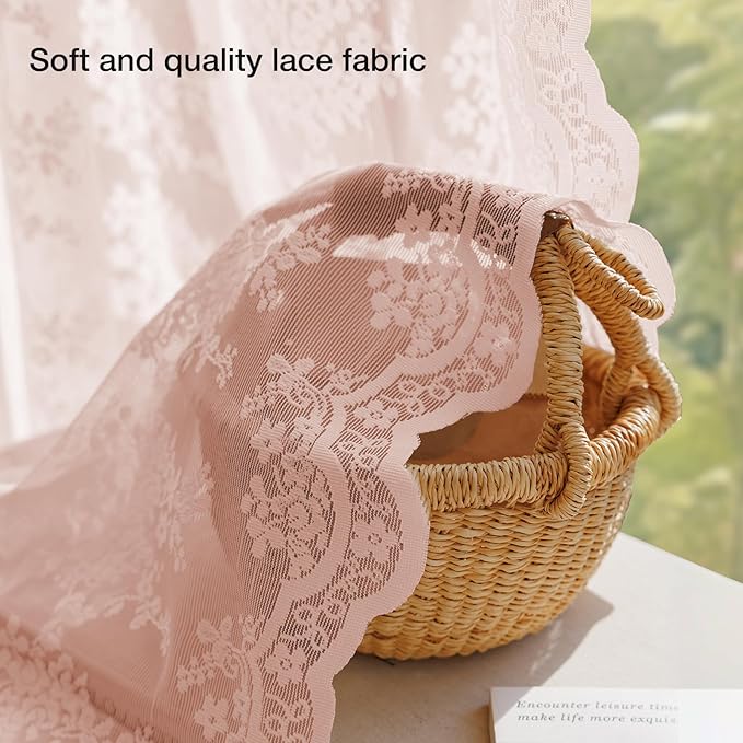 Anmao Vintage Lace Curtains 72 Inches Long 2 Panels Set, Romantic Elegant Light Filtering Semi Sheer Floral Thick Lacy Curtain Drapes for Living Room and Bedroom, Each Panel 55W x 72L, Blush Pink