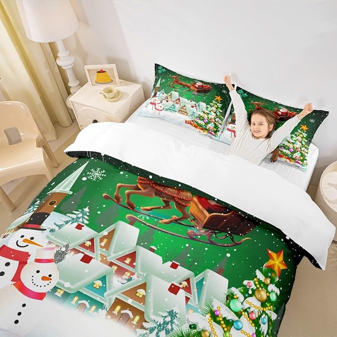Manfei Christmas Duvet Cover Set Queen Size, Snowman Xmas Tree Comforter Cover with 2 Pillowcases, Santa Claus with Deer Bedding Set for Kids Boys Girls New Year Theme Bedspread Cover, No Comforter