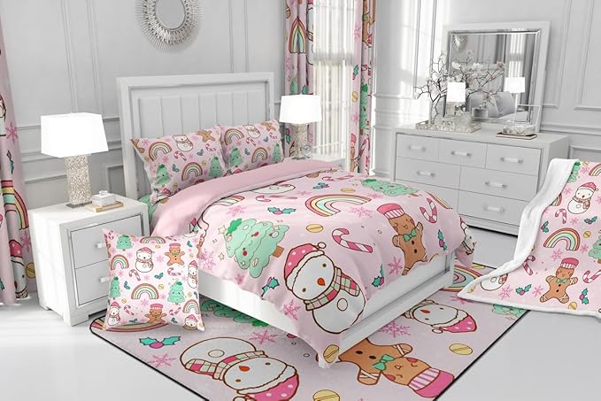 Feelyou Christmas Kids Comforter Set Queen Size Merry Christmas Tree and Snowman Bedding Set Gingerbread Man Duvet Quilt for Kids Boys Girls Bedroom Rainbow Print Decor Snowflake Soft Breathable