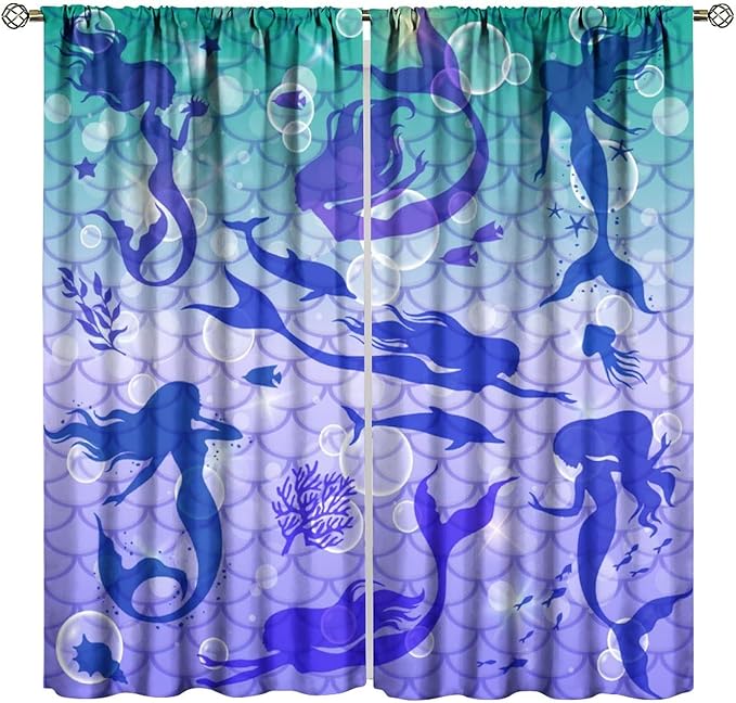 Mermaid Kids Girls Curtains Fantasy Mermaid Silhouette Ocean Theme Beautiful Blackout Window Treatment for Girls Bedroom Nursery Room Decor Rod Pocket Window Drapes 42" W X 54" L