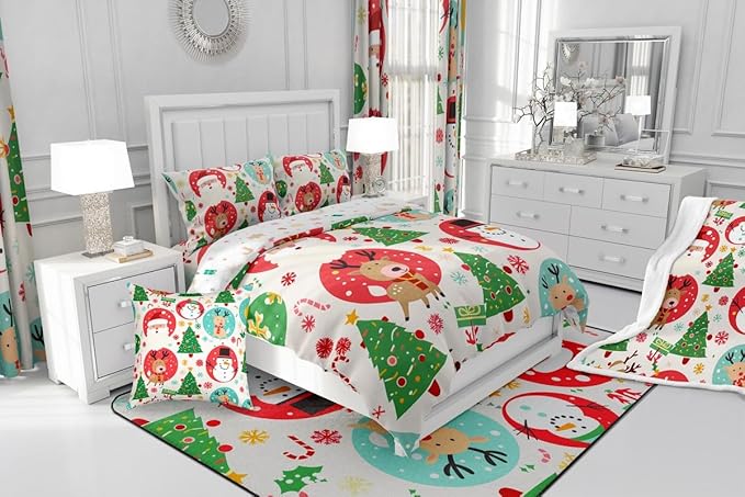 Feelyou Christmas Bedding Set Soft for Boys Girls, Santa Snowman Comforter Set Queen Size Deer Xmas Tree Duvet Quilt Microfiber Snowflake Bedroom Decor 3 Pcs with 2 Pillow Cases
