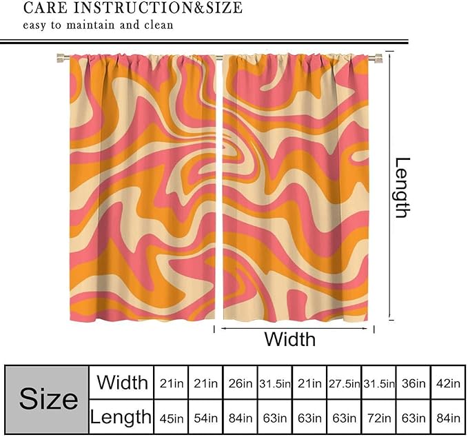 Abstract Wavy Swirl Curtains,60s 70s Groovy Aesthetic Retro Boho Orange Pink Abstract Curtains for Girls Bedroom Living Room Window 42"" W X 63"" L, Style-2