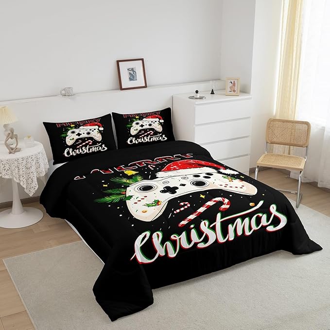 Gamepad Xmas Theme Comforter Set Twin Size,Santa Claus Video Games Bedding Set for Kids Boys Girls Room Decor,Merry Christmas Quilt Set 2Pcs,Gaming Controller Black Duvet Insert,1 Pillowcase
