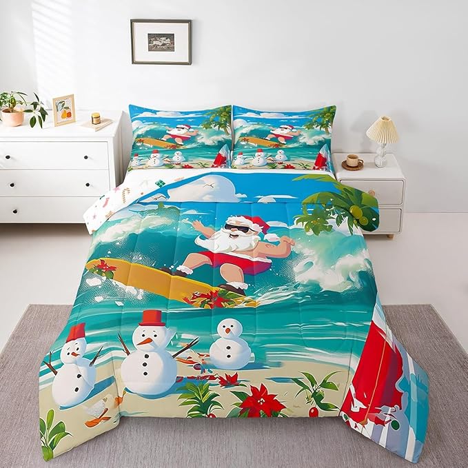 Manfei Christmas Comforter Set Full Size, Santa Claus Surfing Theme Bedding Set for Kids Boy Girl Room Decor, Beach Snowman Down Comforter for All Season, Soft Polyester Quilt Set, 2 Pillowcases