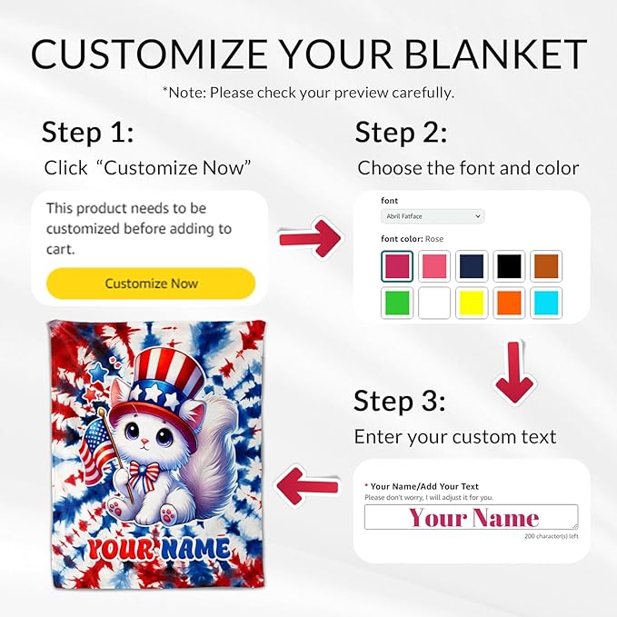 Blanket Gifts for Girls - 30" x 40" Inches Custom Cat Throw Blankets for Cat Lovers - Soft Warm American Flag Throw for Sofa, Bed & Living Room