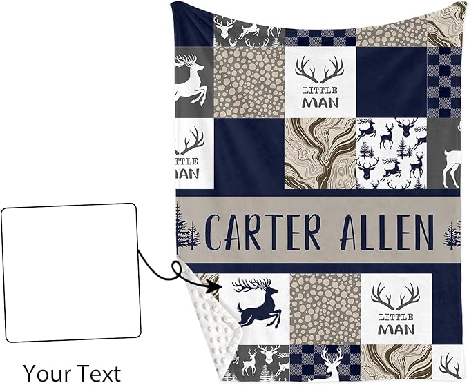 Custom Baby Crib Bedding Set,Personalized Name Navy Deer Theme Nursery Bed Set 4 Piece,Baby Blanket Fitted Sheet Nursery Rug Wall Art Set,Custom Room Decor Idea Gift for Newborns Boys Girls