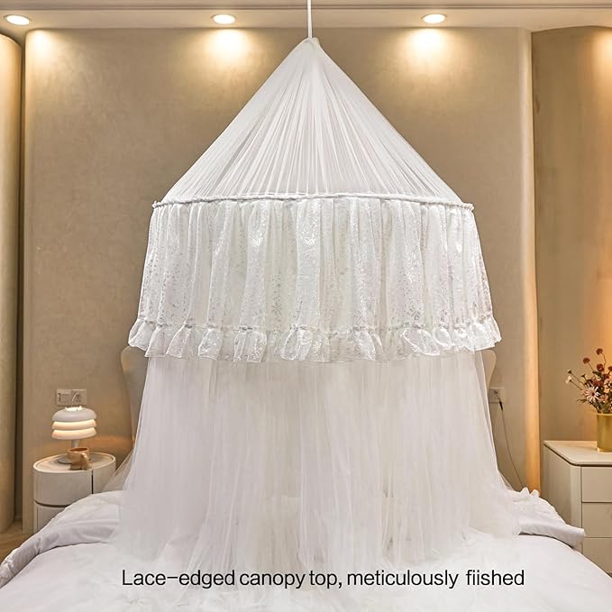 AIKASY Princess Bed Canopy for Girls – Double Layer Sheer Mesh Dome with Romantic Lace Trim, Dreamy Mosquito Net Tent for Twin/Full/Queen/King Beds(White)