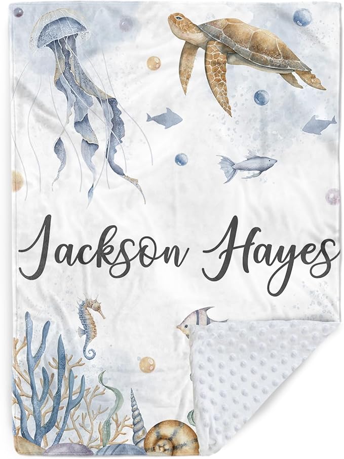 Personalized Baby Blanket with Name, Customized Baby Blanket for Kids Newborns, Soft Flannel with Double Layer Dotted Backing, Customized Gifts for Baby Shower Birthday, Sea Turtle(30”x40)
