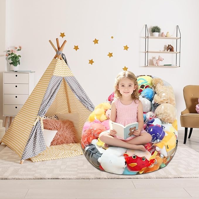 Stuffed Animal Storage Bean Bag Cover, 270L Clear Soft Toy Storage Bean Bag, Waterproof Stuffed Animal Storages Chair Cover, Large Capacity Stuffable Plush Toy Storages Kids Beans Bags Chair